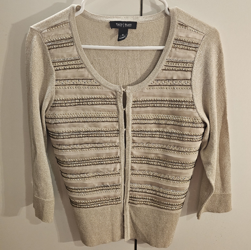 White House Black Market Womans Medium Gold Sparkle Cardigan Sweater
